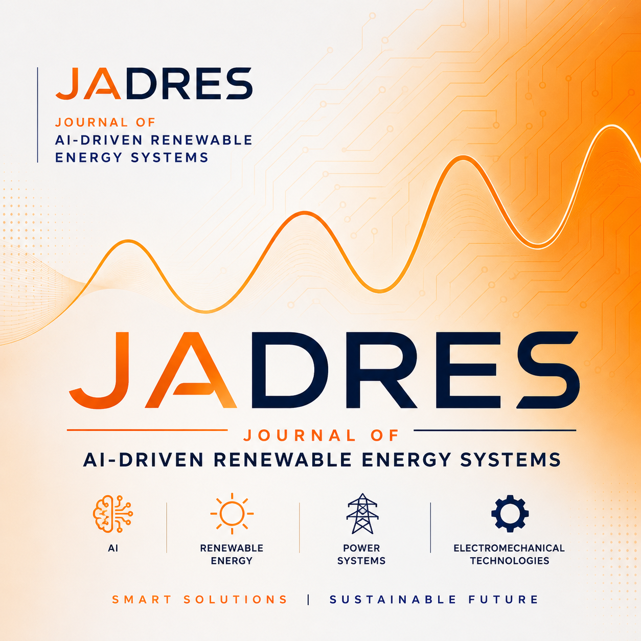 JADRES journal logo representing AI-driven renewable energy systems, power systems, and electromechanical technologies in a modern orange and navy design.